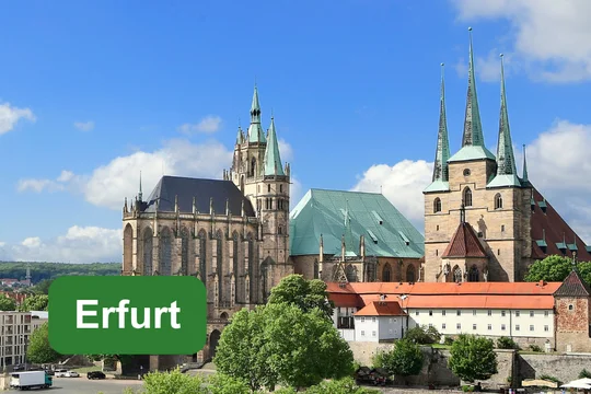 Erfurt Stadtansicht von Erfurt mit Dom und Severikirche, ergänzt durch das Textfeld ‚Erfurt‘.
